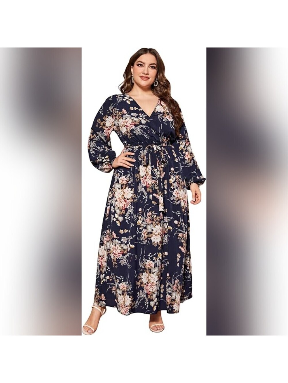 NWT Wdirara Navy Floral V-Neck Tie Waist Split Maxi Dress, XL+ (OXL), No Belt